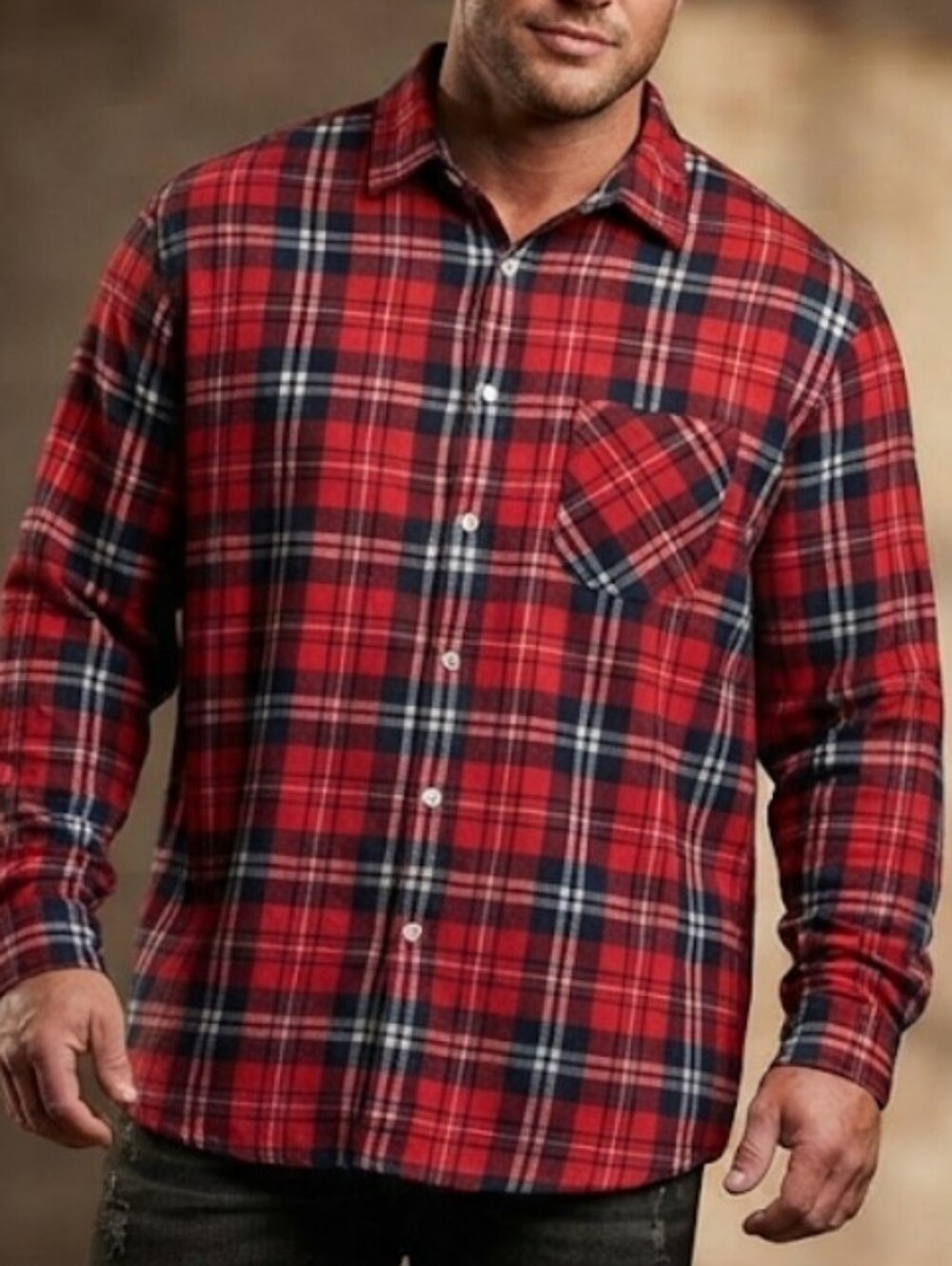 2XL Men's Flannel Button Down Shirt Red Blue Plaid Long Sleeve Pocket Sangtree